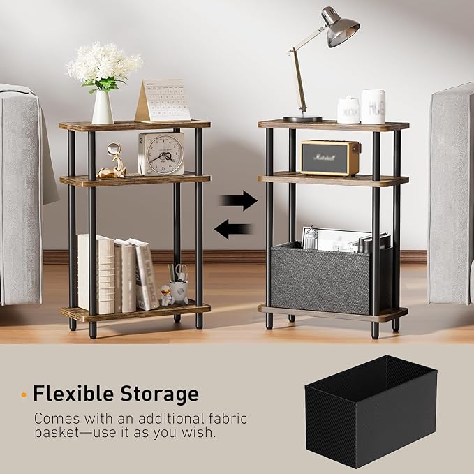 Narrow Side Table with Fabric Basket, 3 Tier Skinny End Table with Wood Legs - Image 4