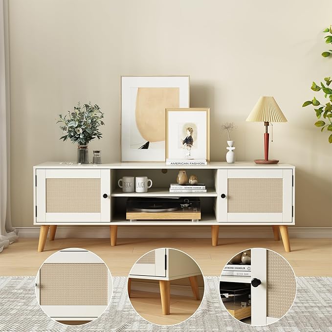 TV Stand for TVs up to 65 inches, Rattan Grain Finish Panel - Image 8