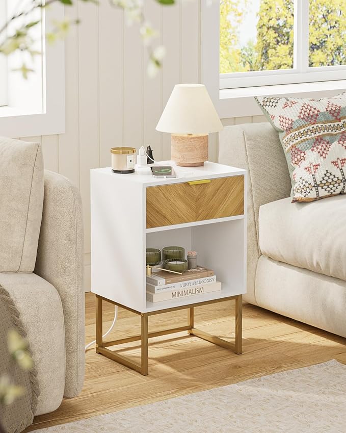Nightstand with Charging Station, Boho Night Stand Wood Farmhouse Bedside Table - Image 8