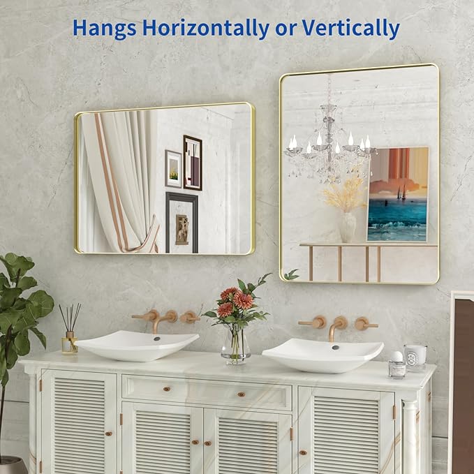 WEER Gold Bathroom Mirror, 24X32 Inch Brushed Gold Metal Frame Mirror, Rounded - Image 5