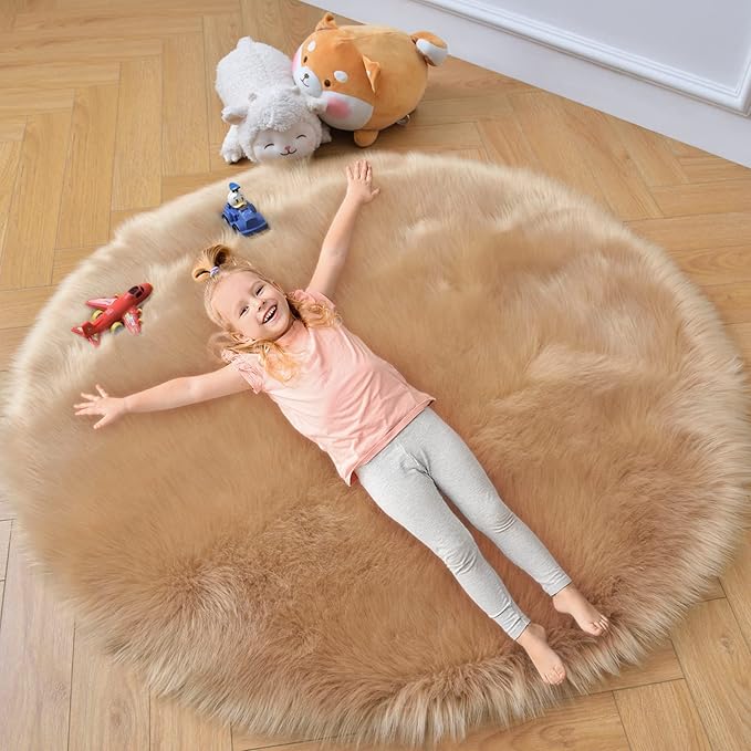 duduta Beige Faux Sheepskin Round Rug 4x4 ft, Fluffy Shag Fur Bedroom Nursery - Image 5