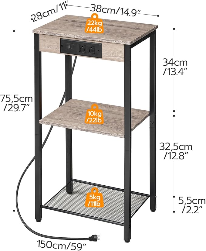HOOBRO Tall End Table with Charging Station, 30 Inch Tall Nightstand, 3-Tier - Image 3