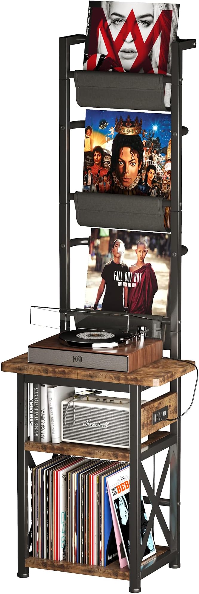 Record Player Stand with Power Outlet, 6 Tier Vinyl Record Display Shelf by Homeiju