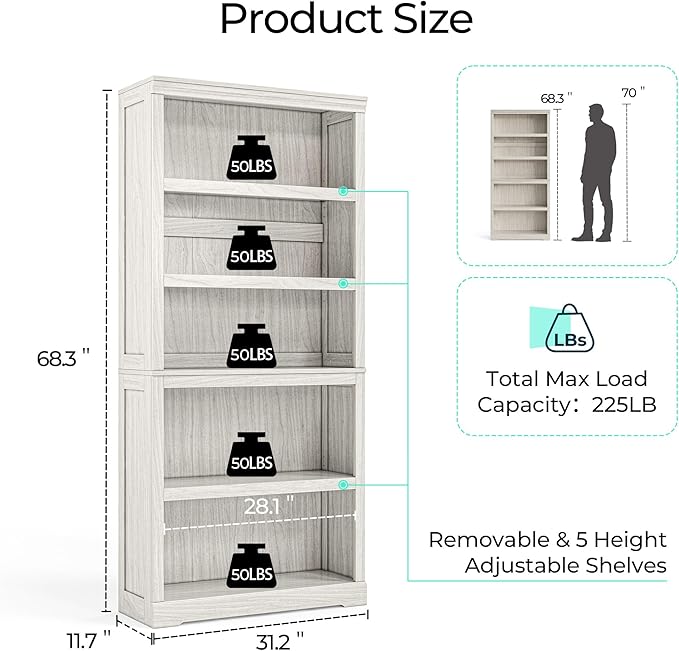 LINSY HOME 5-Shelf Bookcase, Bookshelves Floor Standing Display Storage Shelves - Image 3