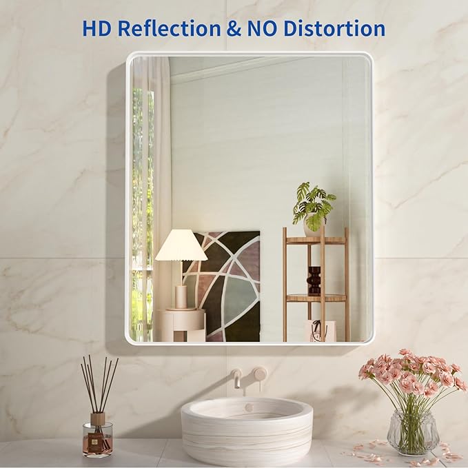WEER White Bathroom Mirror 28X36 Inch, Rounded Rectangle White Metal Frame - Image 2