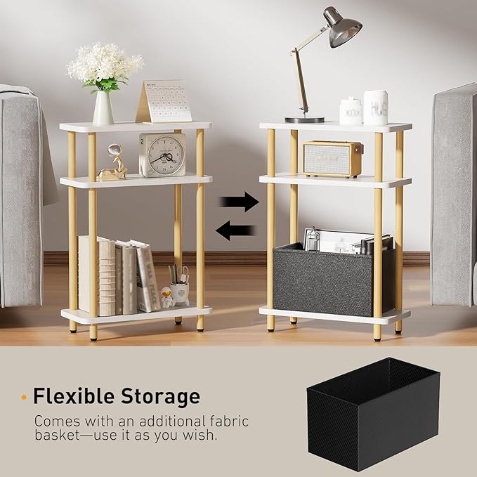 Narrow Side Table with Fabric Basket, 3 Tier Skinny End Table with Wood Legs - Image 4