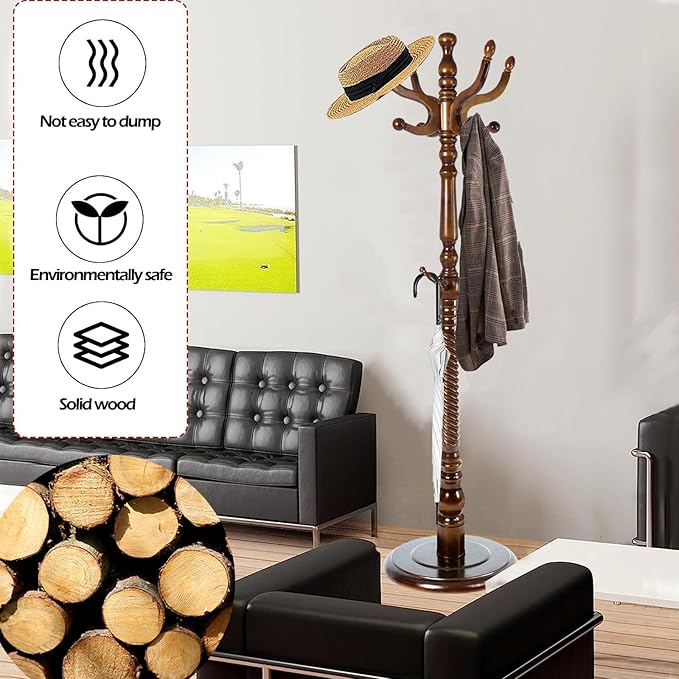 Coat Racks Free Standing with 11 Hooks, Natural Wood Coat Stands - Image 2