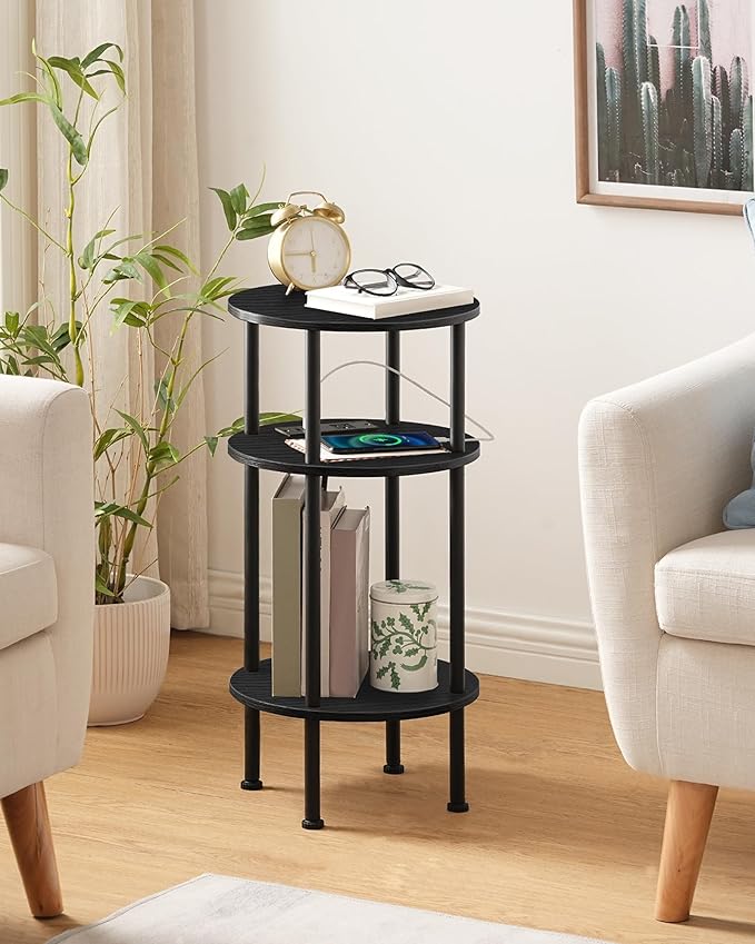 Small Round Side Table with Charging Station, 3-Tier Round End Table - Image 2