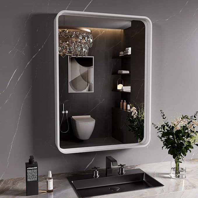 White Bathroom Mirror 20x30 Inch, Rounded Rectangle Matte Bathroom Vanity Mirror by JISOSO