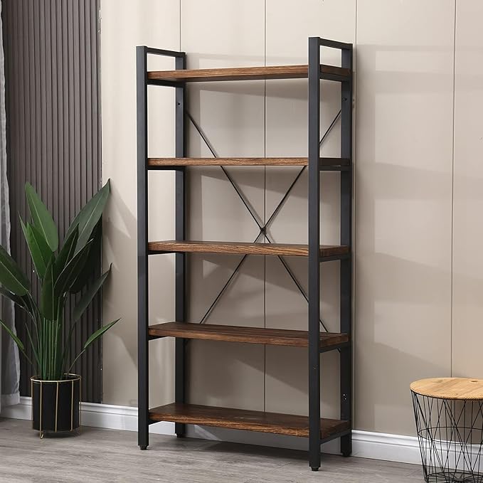 5 Tier Bookcase, Solid Wood Bookshelf Rustic Vintage Industrial Etagere Bookcase - Image 6