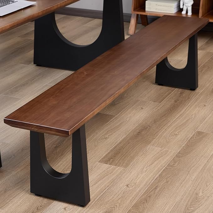 Walnut Color Long Bench Solid Wood Top Metal Legs U-Shaped Design Durable - Image 2