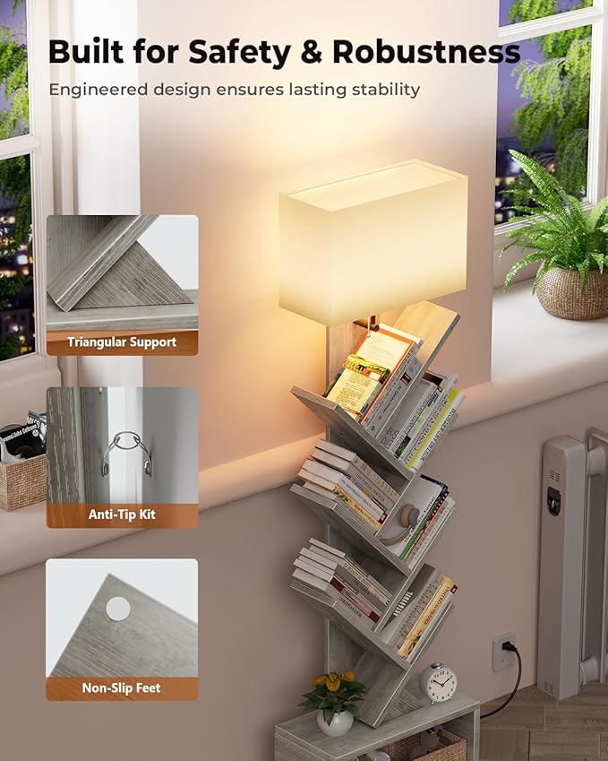 6 Tier Tree Bookshelf with Light, Narrow Bookcase Tower, Tall Floor Standing - Image 7