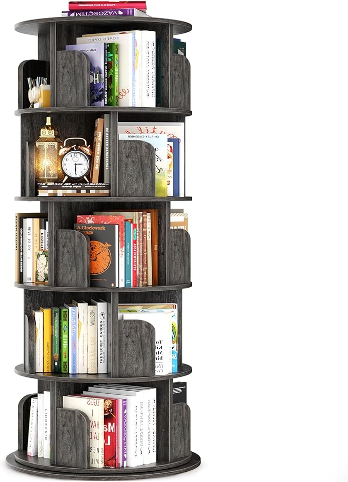 Rotating Bookshelf Tower, 5 Tier Spinning Bookcase, Revolving 360 Book Shelf by Besiost