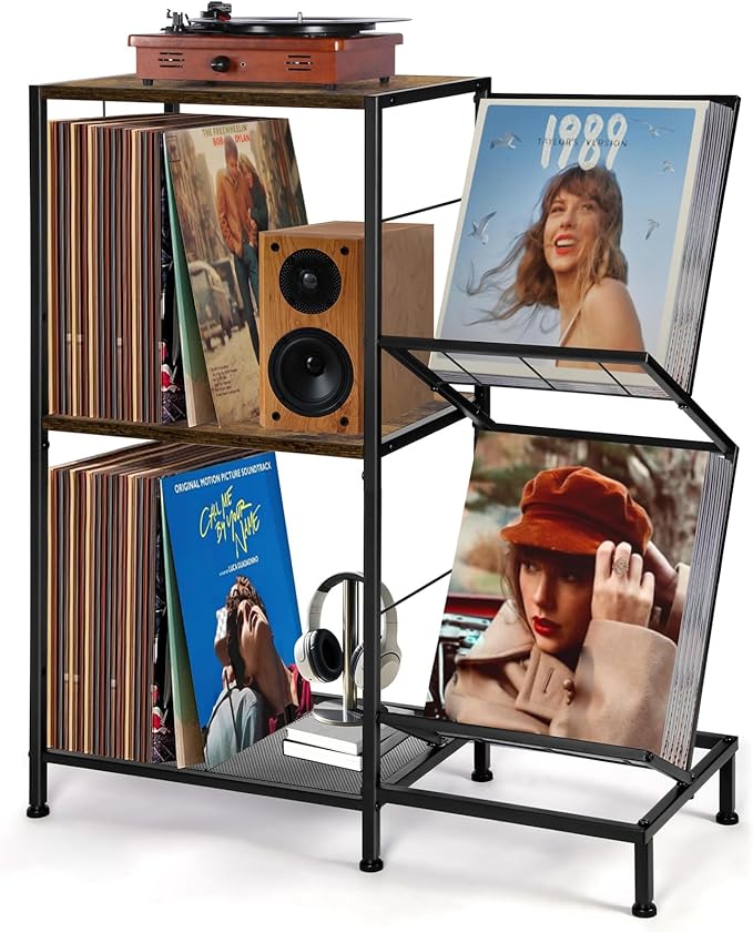 Record Player Stand with Vinyl Record Storage, Turntable Stand with 2-Tier by HYCFYJR