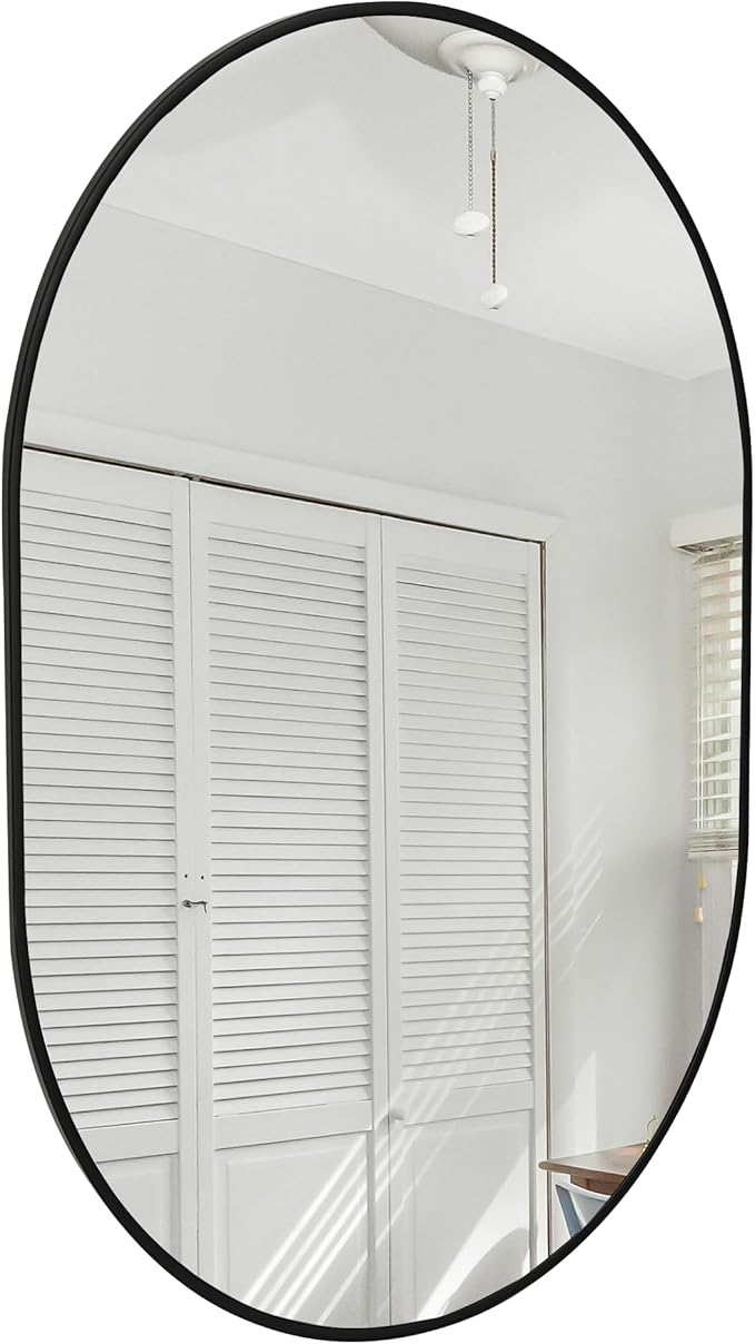 Oval Bathroom Mirror 24x36 Inch, Pill-Shaped Black Framed Wood Wall Mirrors - Image 7