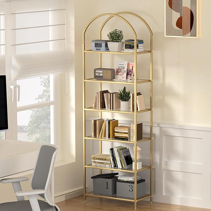 Homhedy Bookshelf Arched Display Racks, Metal Bookcase, Tempered Glass Shelves - Image 7