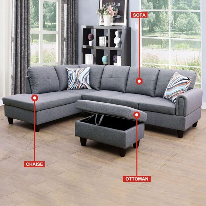 Grey-1 L-Shaped 3-Piece Linen Sofa - Image 3