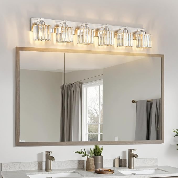 Modern Vanity Light 6-Lights Brushed Nickel Vanity Light Crystal Bathroom Wall - Image 7
