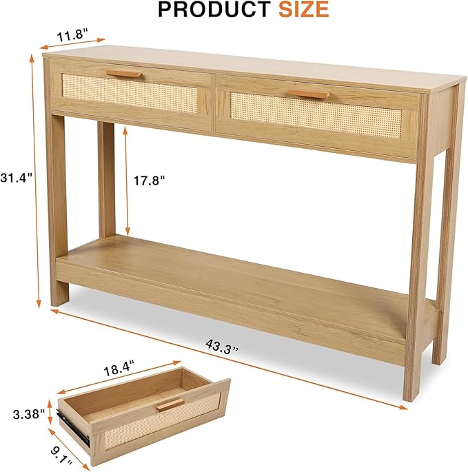 Console Table with Rattan Drawers Boho Entryway Table Narrow Long Sofa Table - Image 3