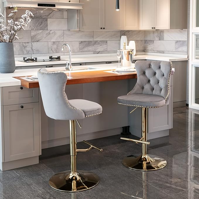 PacknWood Acosure Golden Swivel Velvet Barstools Adjusatble Seat Height from - Image 4