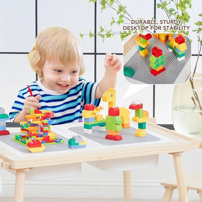 5-in-1 Kids Sensory Table and Chair Set – Wooden Sand and Water Play, Building - Image 3