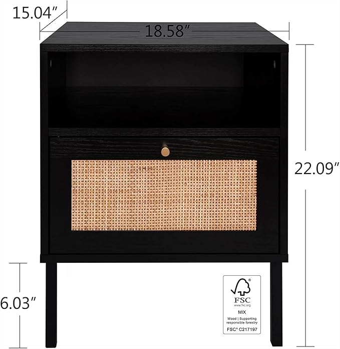 Rattan Night Stand Set 2, Boho Bedside Table Black Nightstand - Image 2
