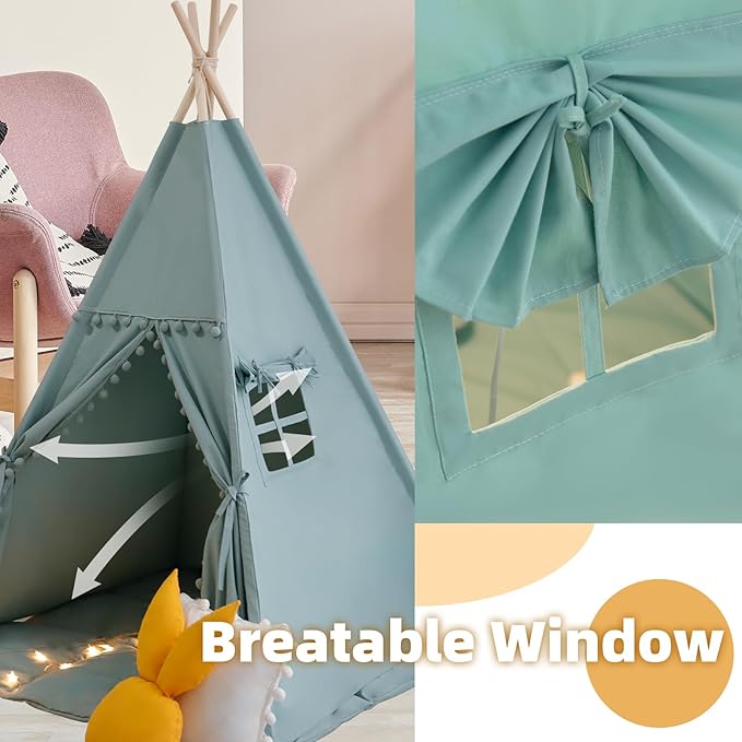 Teepee Tent for Kids with Mat, Star Lights, Carry Case, Cotton Canvas Playhouse - Image 3
