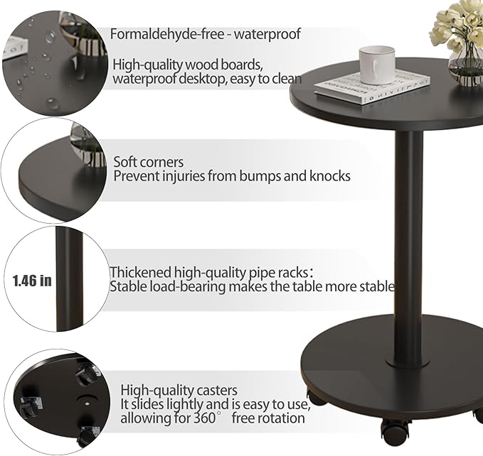 Pedestal Table on Wheels TV Tray Table, Rotating Couch Round Tables, Small Side - Image 5