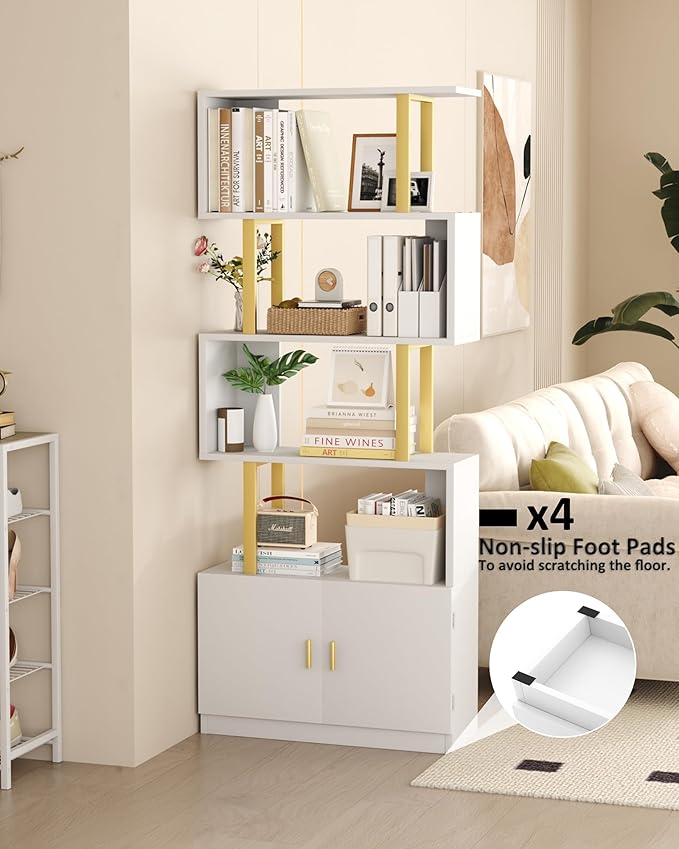 Yusong Geometric Bookcase with Cabinet, S Shaped Bookshelf 5-Tier Book Shelves - Image 4
