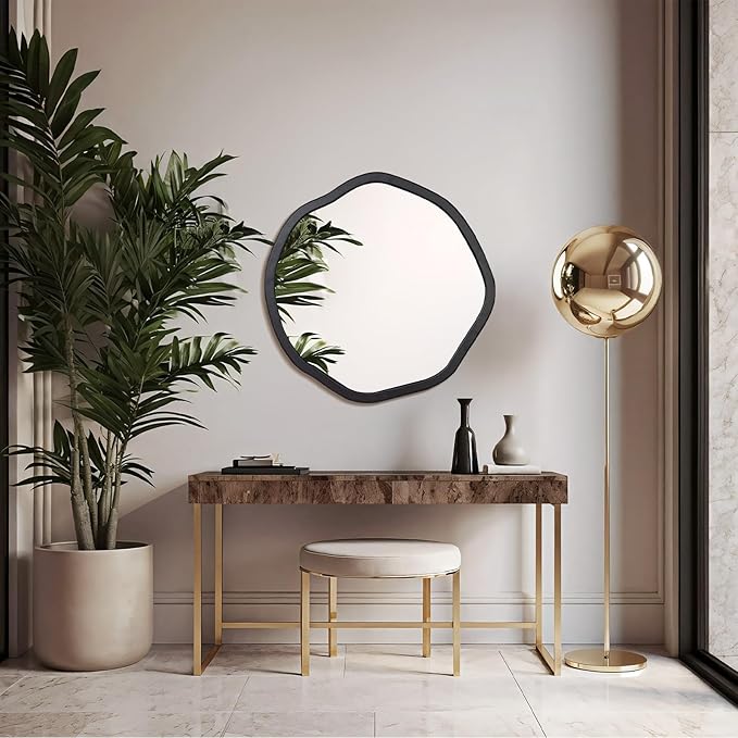 ULIKE Round Wood Mirror, 30 Inch Black Asymmetrical Circle Vanity Mirror - Image 8