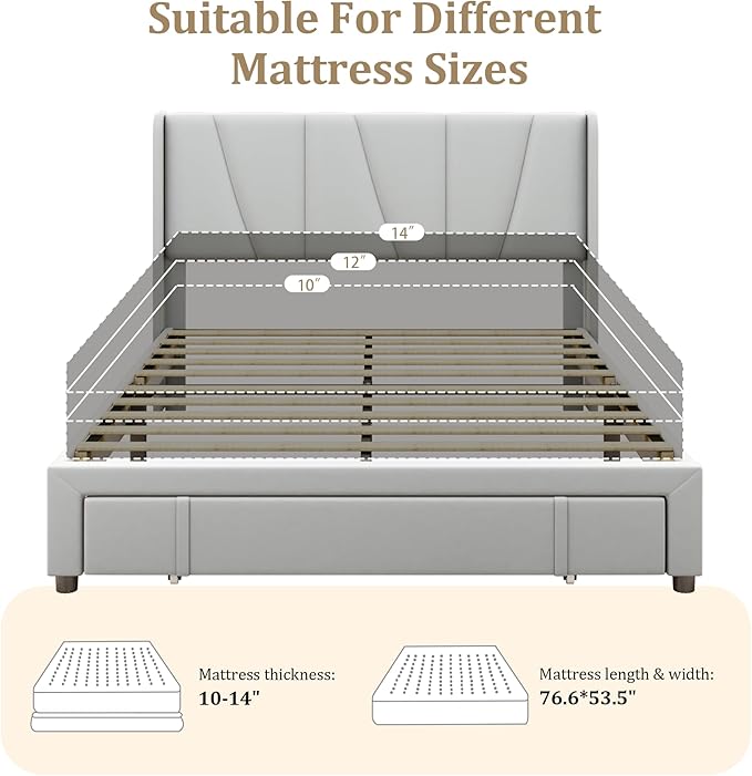 Full Bed Frame with Storage Drawers, Upholstered Platform Bed with Headboard - Image 6