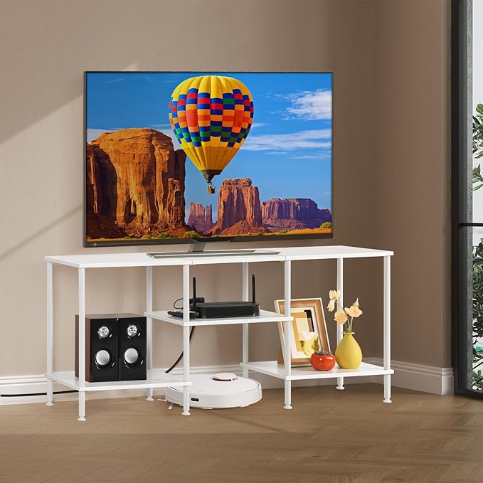 BTY White TV Stand with Storage, Wood Entertainment Center with Power Outlet - Image 5