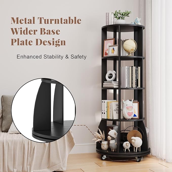 4 Tier Rotating Bookshelf with Brake Wheels, 360° Spinning Bookcase, Vertical - Image 5