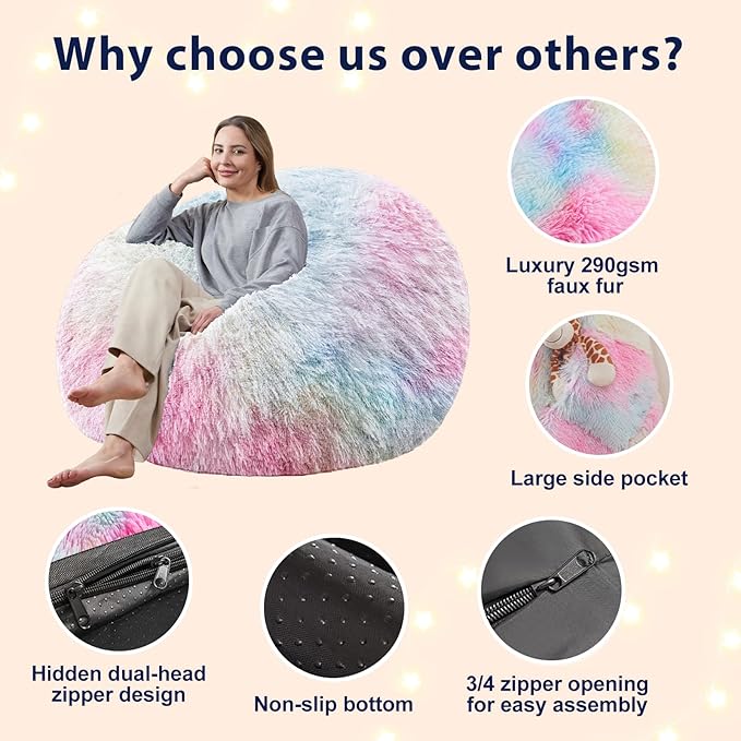7FT Giant Fur Bean Bag Chair Cover, Ultra Soft Rainbow Bean Bag Chairs - Image 4