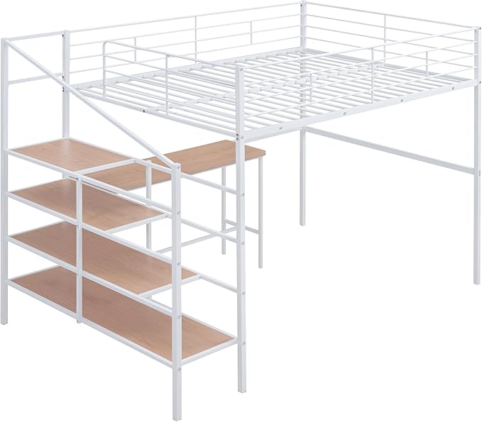 Full Size Metal Loft Bed with Desk and Lateral Storage Ladder, Modern Style - Image 4
