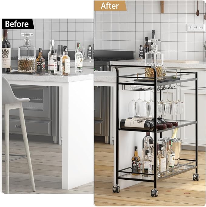 Black Bar Cart, Home Bar Serving Cart - Image 6