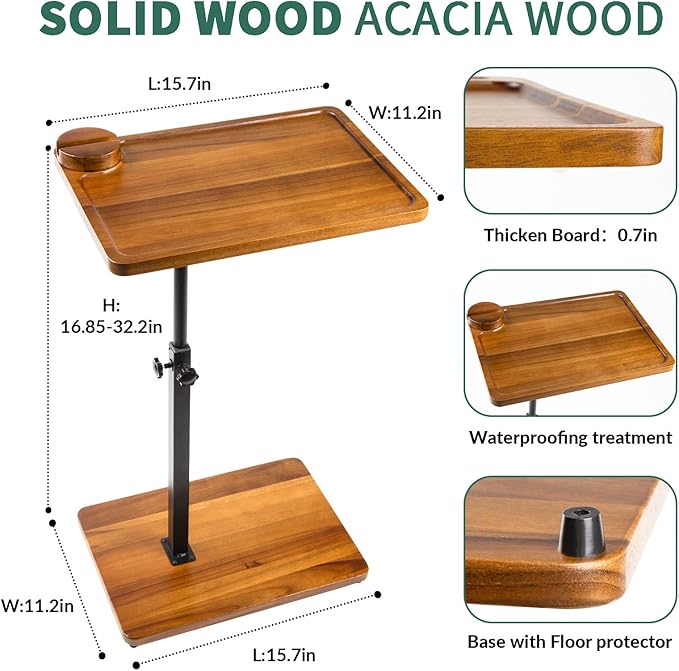 Solid Wood Acacia Wood Couch Table, 360° Swivel Height Adjustable C Table - Image 3