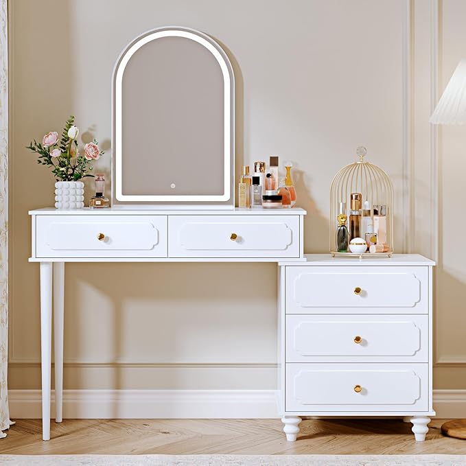 White, Vanity Desk with Mirror and Lights, Makeup Vanity with Power Outlet and - Image 2
