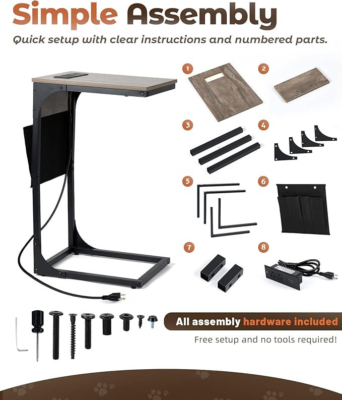 C Shaped End Table with Charging Station, Couch Side Table with Storage Pocket - Image 7