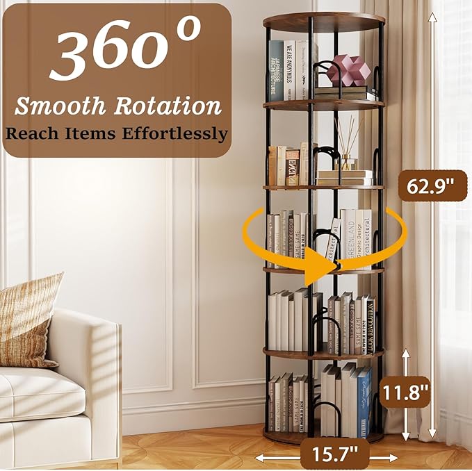 5-Tier Rotating Bookshelf, 360° Round Spinning Book Shelf Tower, Tall Skinny - Image 2