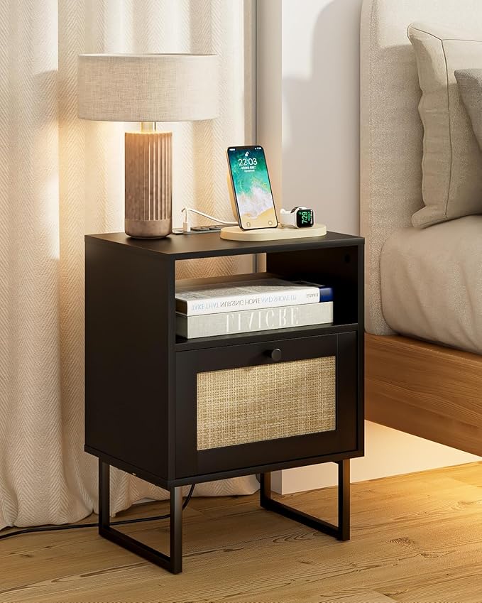 Rattan Nightstand with Charging Station, Boho Night Stand Farmhouse Wood by Unknown