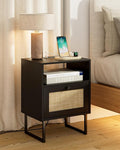 Rattan Nightstand with Charging Station, Boho Night Stand Farmhouse Wood by Unknown