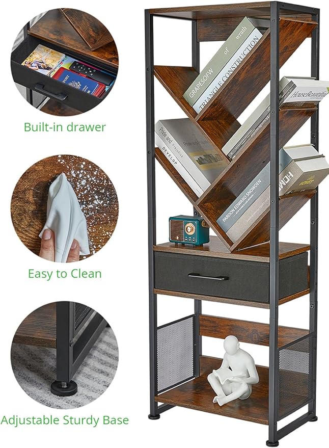 Bookshelf with Drawer, 8 Tier Tree Bookcase Retro Floor Standing Bookshelves - Image 3