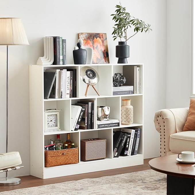 YAHARBO White 10 Cube Bookshelf, 3 Tier Modern Horizontal Bookcase, Wooden Low - Image 4