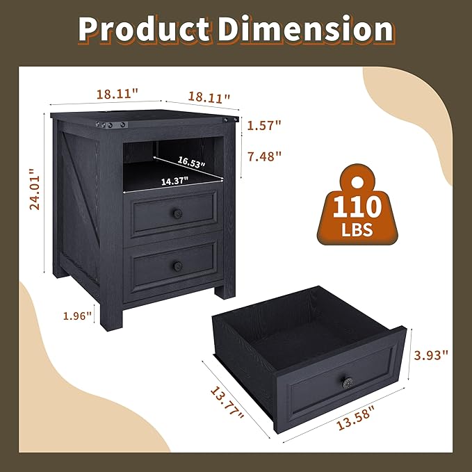 Farmhouse Nightstand with Charging Station, 18” Wide End Table with 2 Drawers - Image 2
