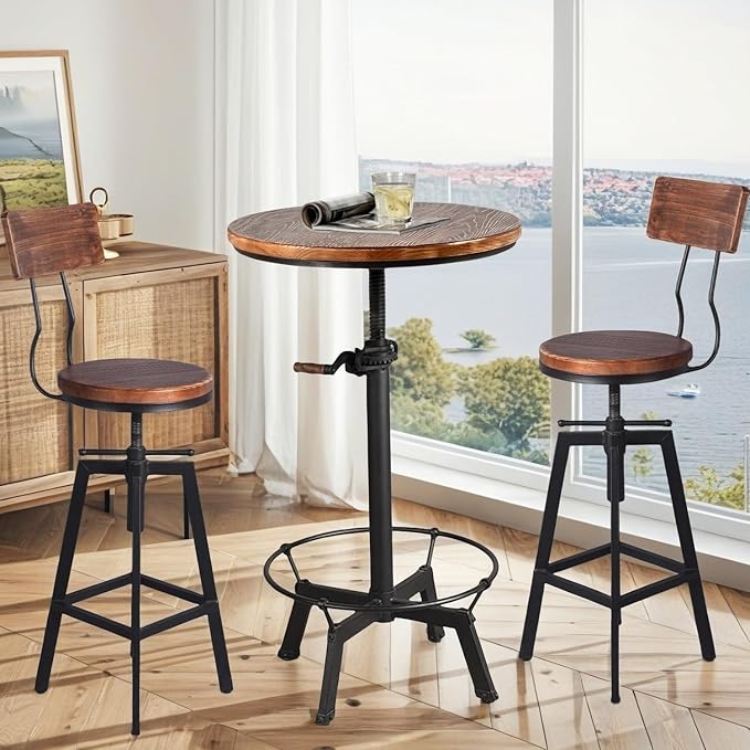 Industrial Bar Stools with Wood Backrest 25-32inch Height Adjustable Kitchen - Image 4