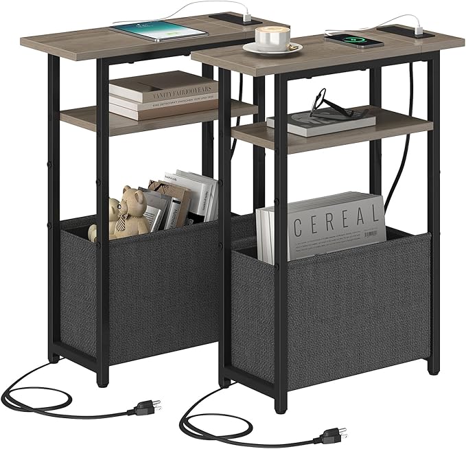 Narrow Side Table with Charging Station Set of 2, Small End Table by Unknown