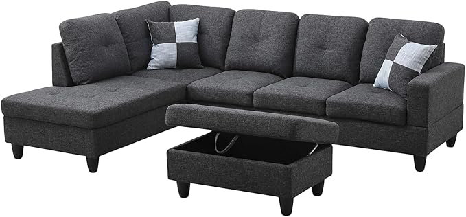 L Shaped Couch Modern Sectional Couch Upholstered Flannel Fabric 3 Pieces Sofas - Image 3