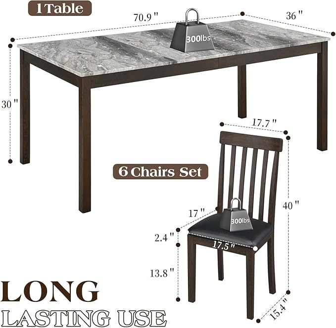 7-Piece Dining Table Set, Solid Wood Curved Backrests & PU Cushioned Seats - Image 2