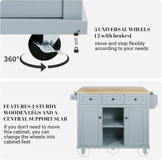 Rovibek Kitchen Island with Drawers 53 in Rolling Island Cart Mobile Portable - Image 6